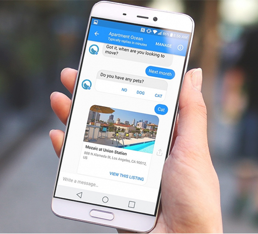 Chatboten fra Apartment Ocean kan for eksempel drive enkel førstelinje kundeprat. (Kilde: Apartmentocean.com)
